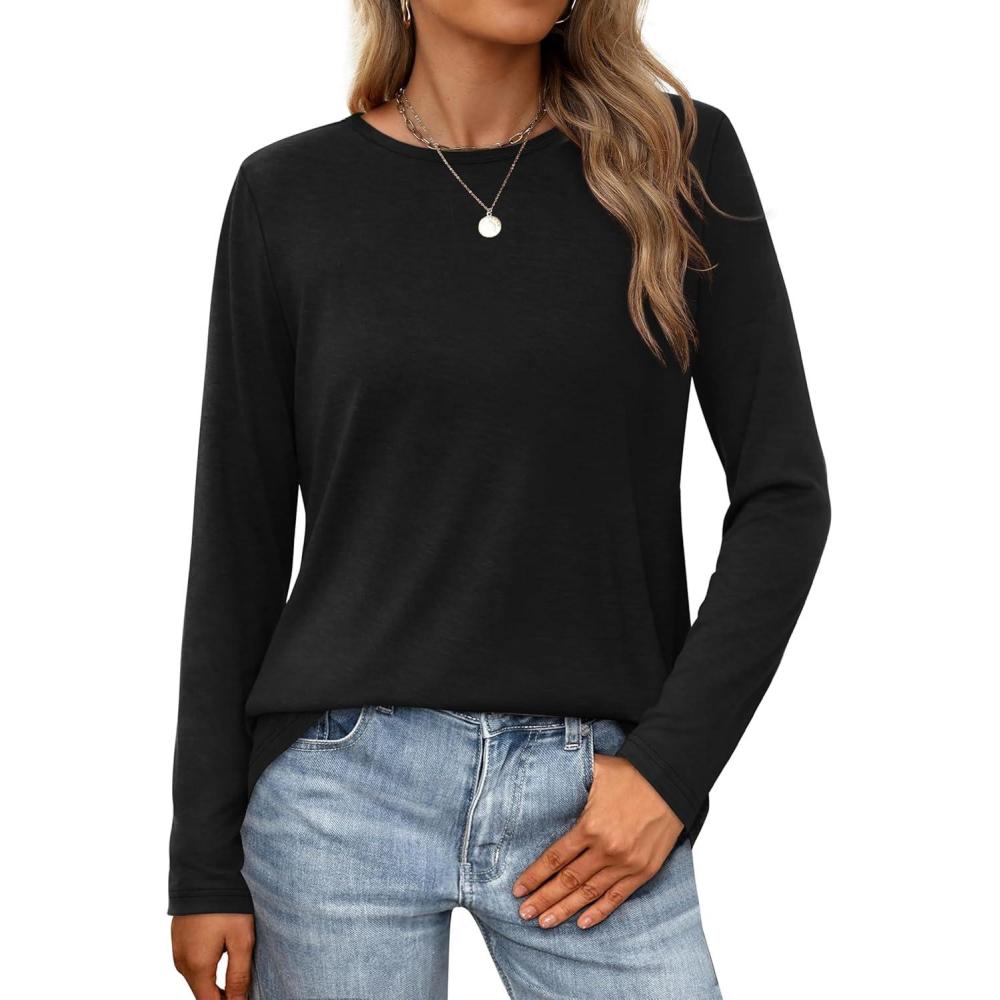 imageXIEERDUO Long Sleeve Shirts for Women Casual Crew Neck Basic Fall Tops Loose Fit ComfyBlack