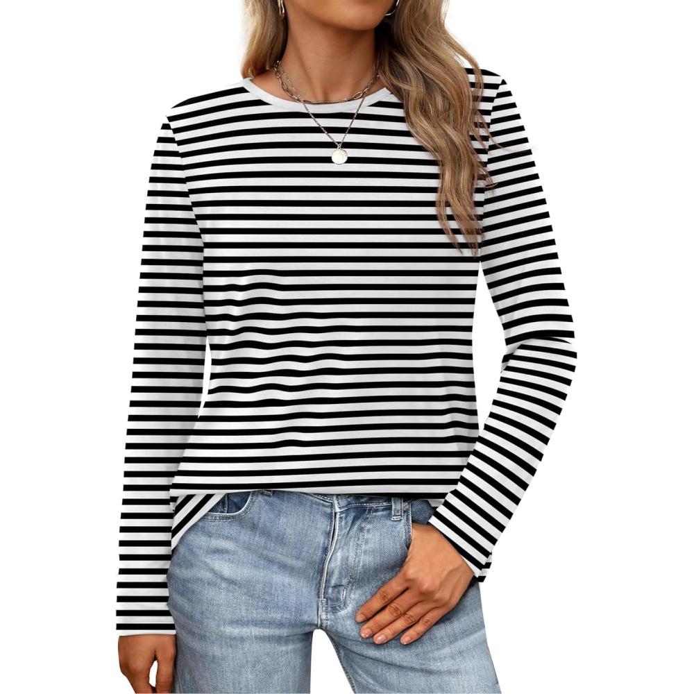 imageXIEERDUO Long Sleeve Shirts for Women Casual Crew Neck Basic Fall Tops Loose Fit ComfyBlack Striped