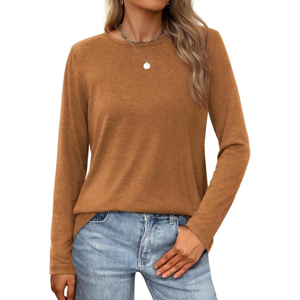 imageXIEERDUO Long Sleeve Shirts for Women Casual Crew Neck Basic Fall Tops Loose Fit ComfyCaramel