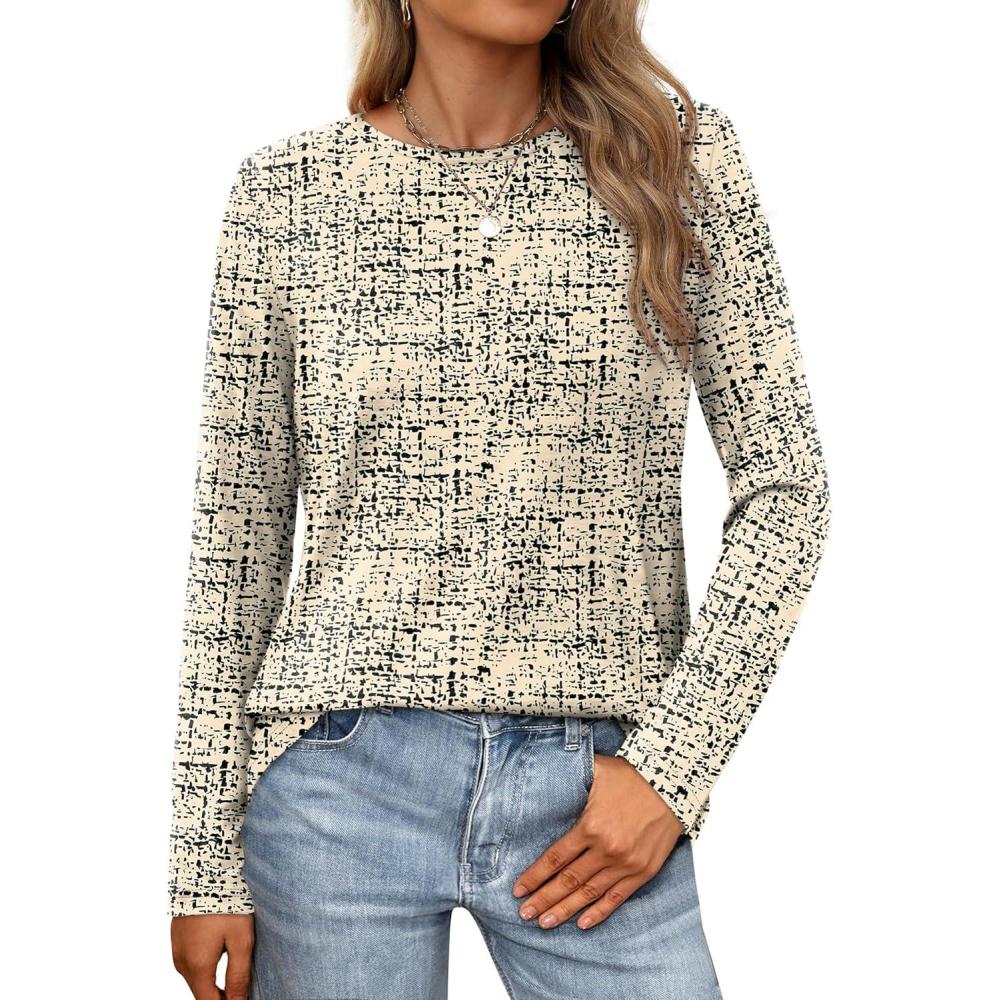 imageXIEERDUO Long Sleeve Shirts for Women Casual Crew Neck Basic Fall Tops Loose Fit ComfyD Black Print