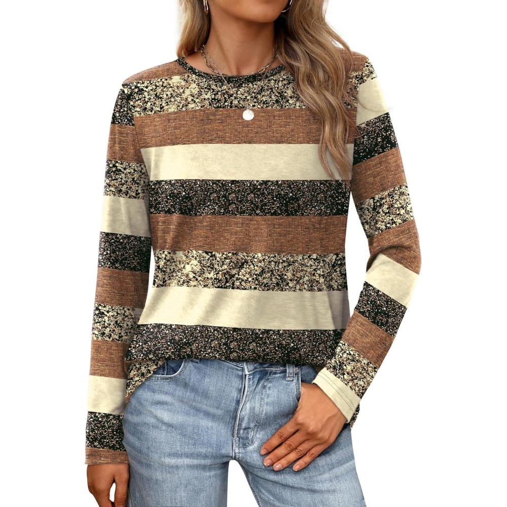imageXIEERDUO Long Sleeve Shirts for Women Casual Crew Neck Basic Fall Tops Loose Fit ComfyD Brown Striped