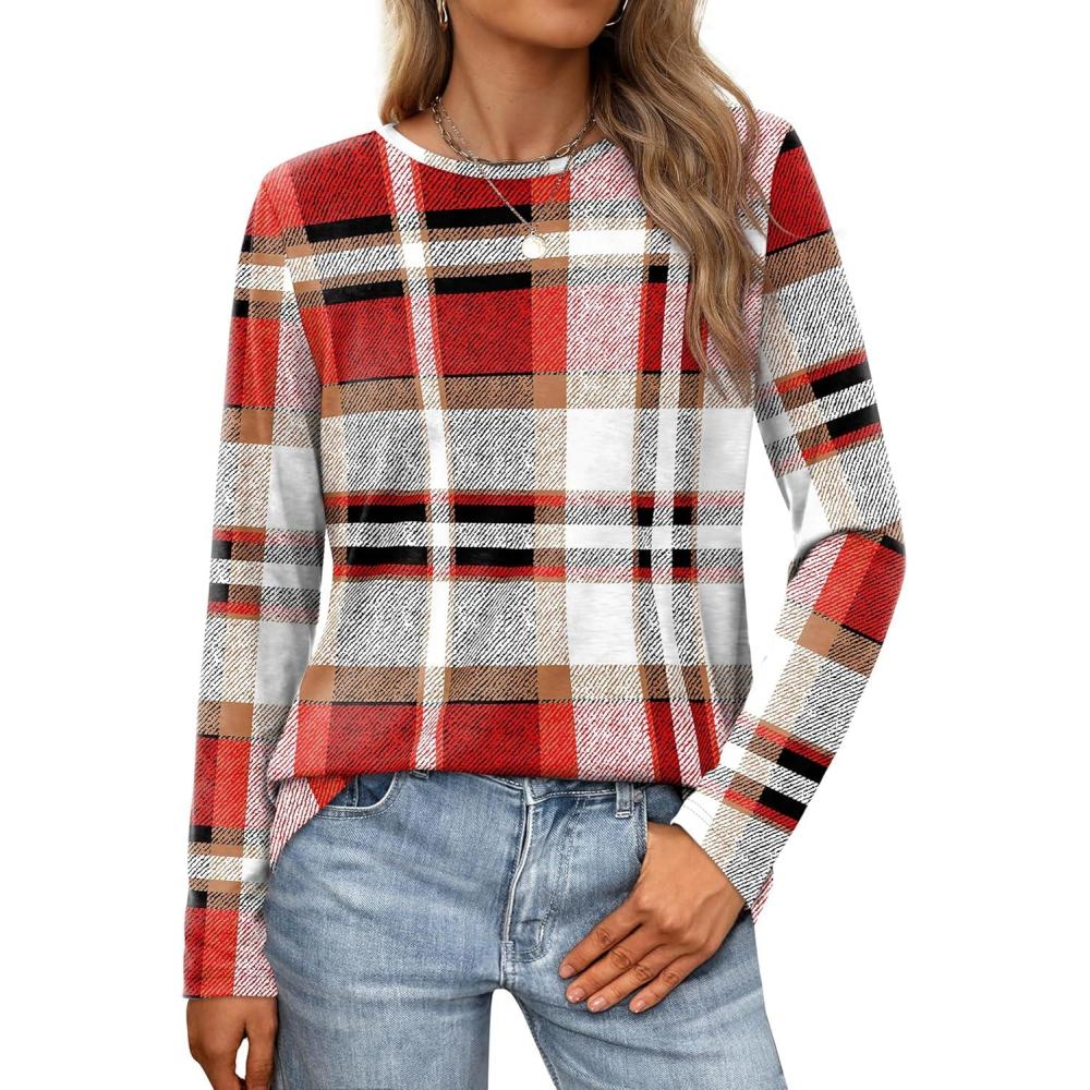 imageXIEERDUO Long Sleeve Shirts for Women Casual Crew Neck Basic Fall Tops Loose Fit ComfyD Red Plaid