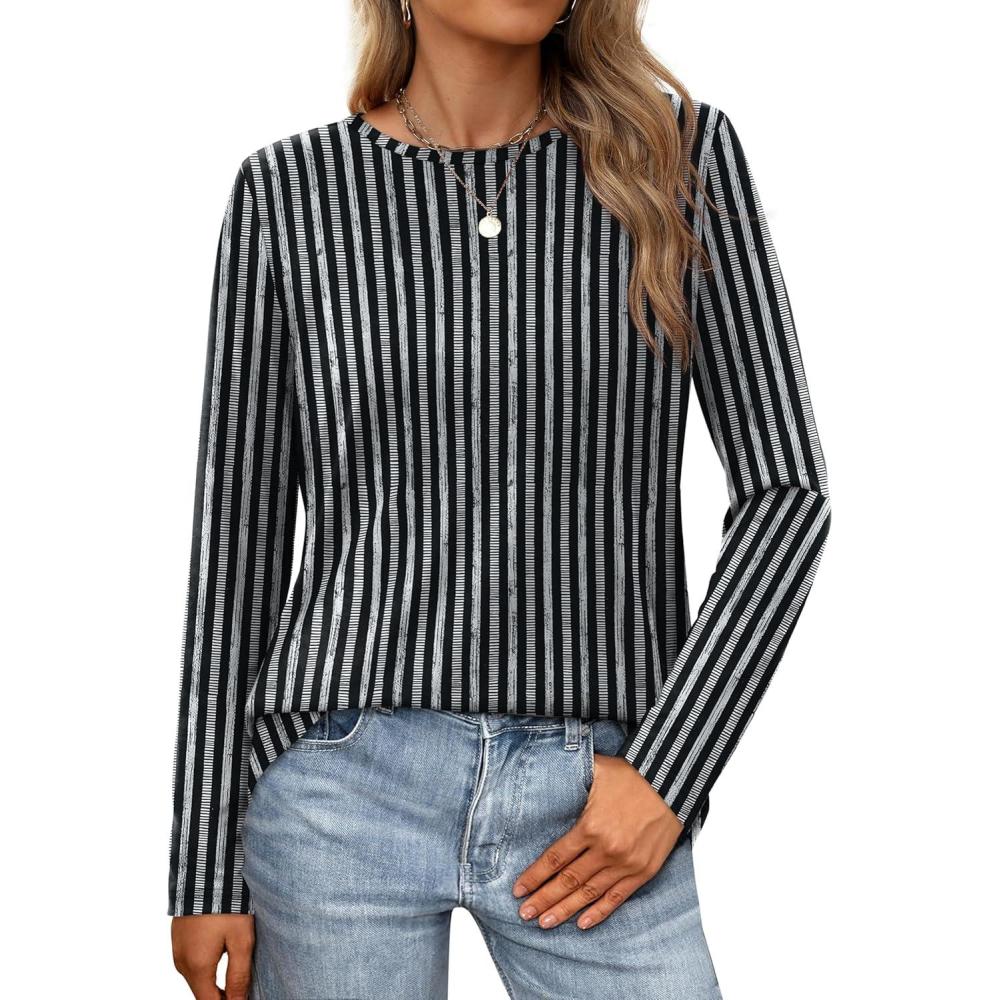 imageXIEERDUO Long Sleeve Shirts for Women Casual Crew Neck Basic Fall Tops Loose Fit ComfyD Striped