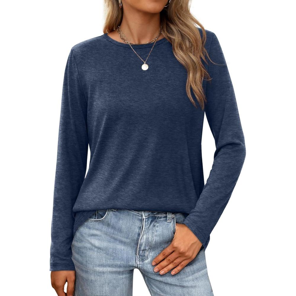 imageXIEERDUO Long Sleeve Shirts for Women Casual Crew Neck Basic Fall Tops Loose Fit ComfyDark Blue