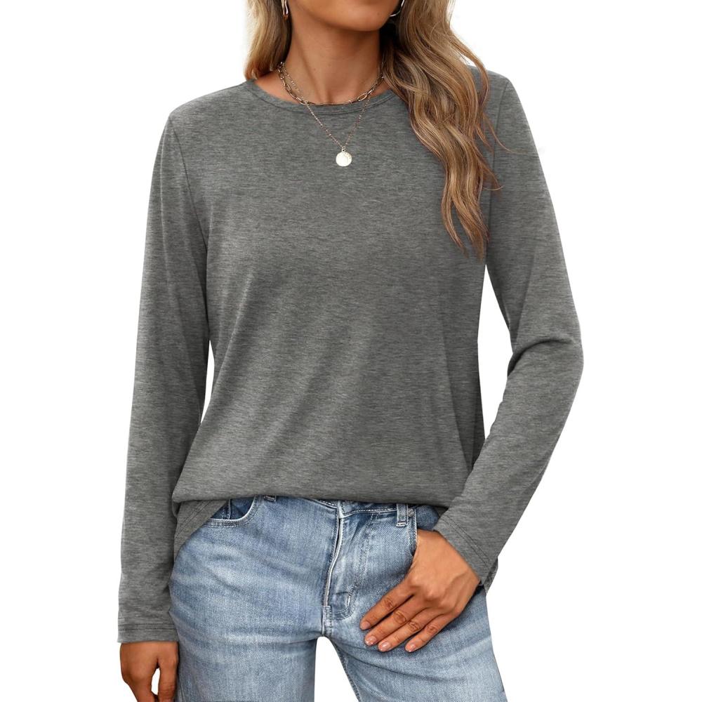 imageXIEERDUO Long Sleeve Shirts for Women Casual Crew Neck Basic Fall Tops Loose Fit ComfyGray