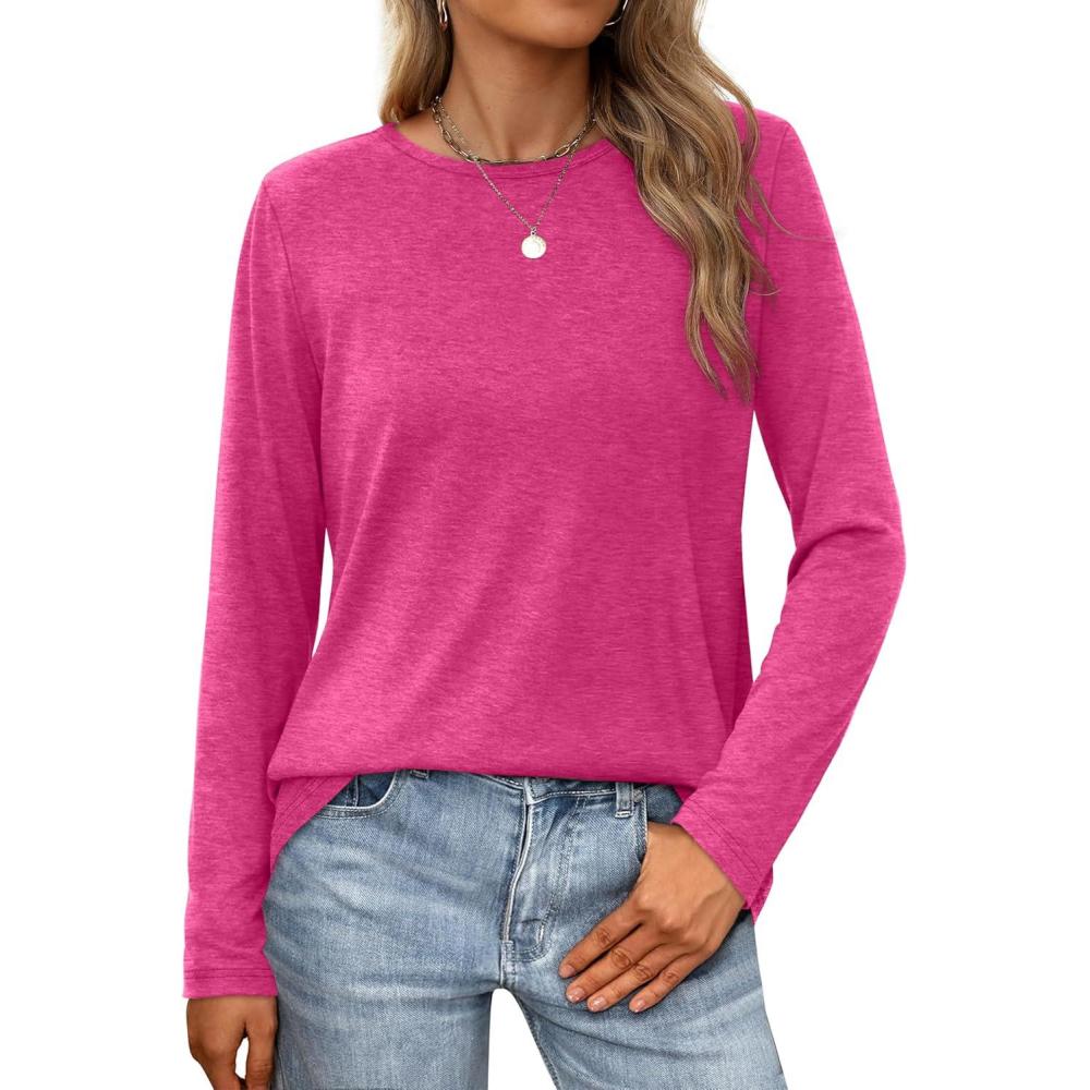 imageXIEERDUO Long Sleeve Shirts for Women Casual Crew Neck Basic Fall Tops Loose Fit ComfyHot Pink