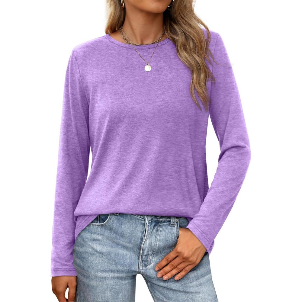 imageXIEERDUO Long Sleeve Shirts for Women Casual Crew Neck Basic Fall Tops Loose Fit ComfyLavender