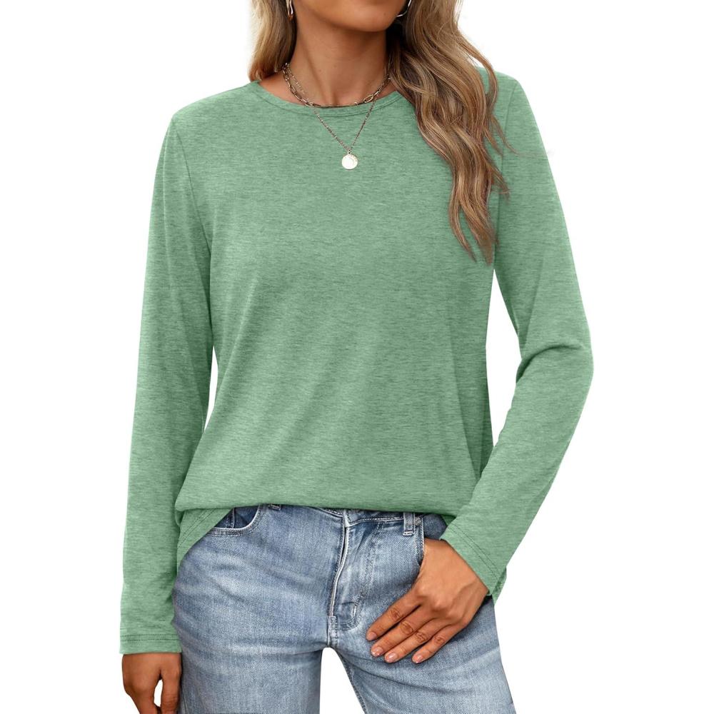 imageXIEERDUO Long Sleeve Shirts for Women Casual Crew Neck Basic Fall Tops Loose Fit ComfyLight Green