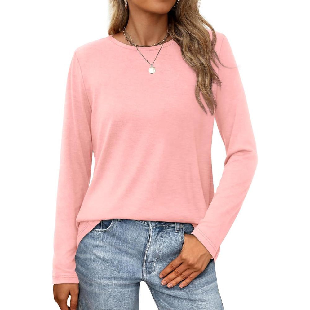 imageXIEERDUO Long Sleeve Shirts for Women Casual Crew Neck Basic Fall Tops Loose Fit ComfyPink