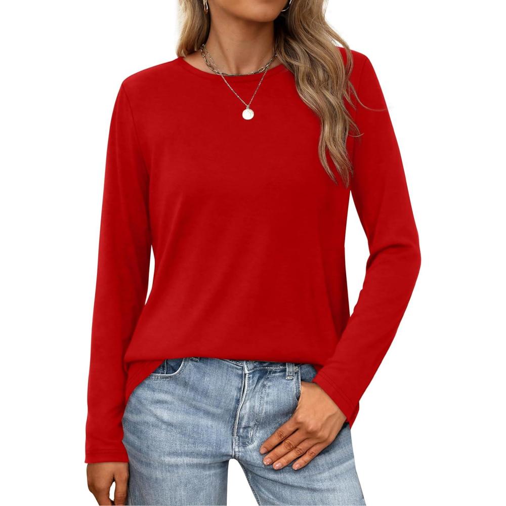 imageXIEERDUO Long Sleeve Shirts for Women Casual Crew Neck Basic Fall Tops Loose Fit ComfyRed