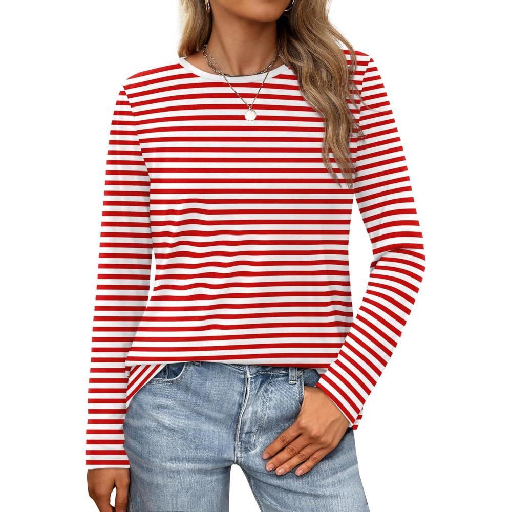 imageXIEERDUO Long Sleeve Shirts for Women Casual Crew Neck Basic Fall Tops Loose Fit ComfyRed Striped