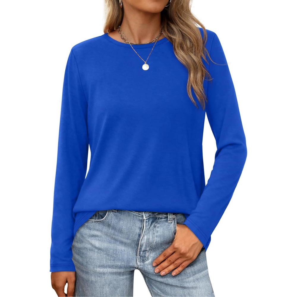 imageXIEERDUO Long Sleeve Shirts for Women Casual Crew Neck Basic Fall Tops Loose Fit ComfyRoyal Blue