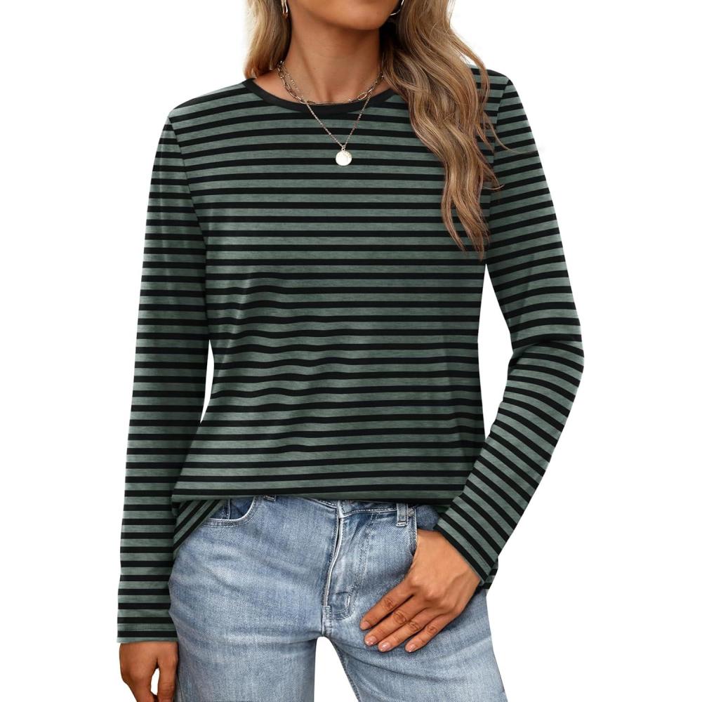 imageXIEERDUO Long Sleeve Shirts for Women Casual Crew Neck Basic Fall Tops Loose Fit ComfyStriped Green