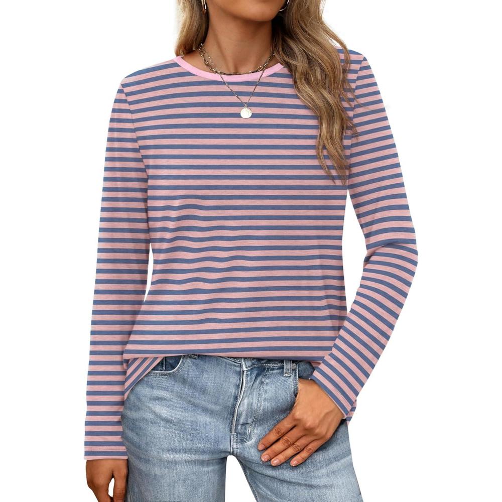 imageXIEERDUO Long Sleeve Shirts for Women Casual Crew Neck Basic Fall Tops Loose Fit ComfyStriped Pink