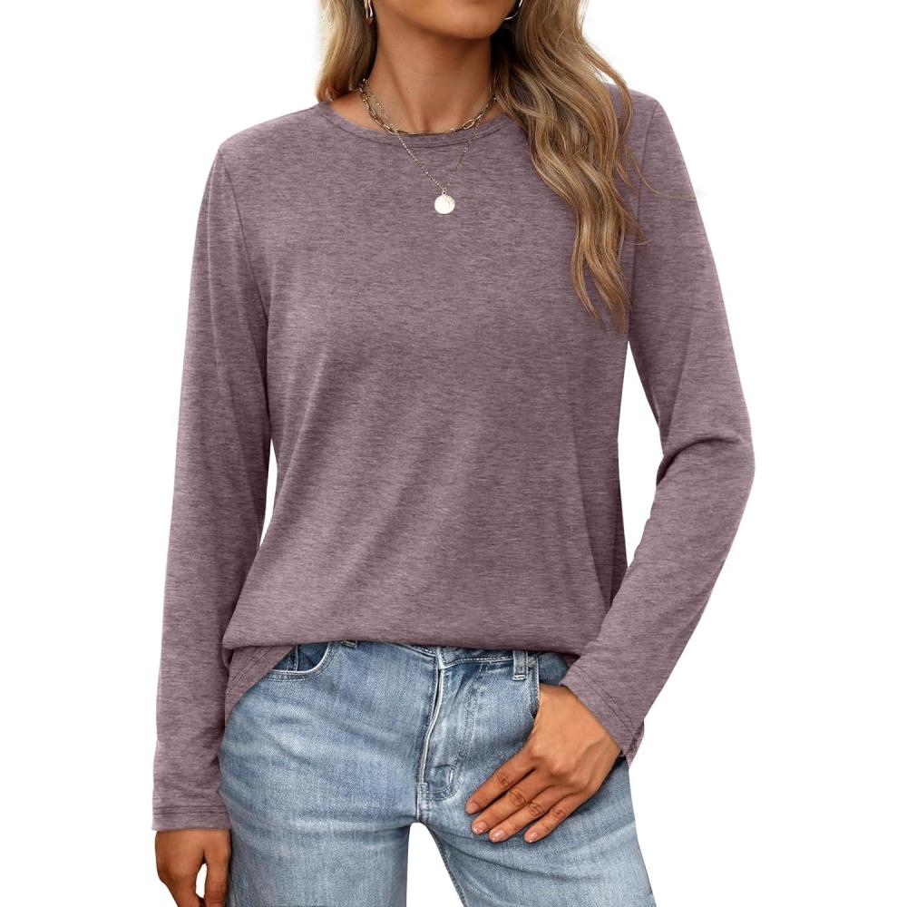 imageXIEERDUO Long Sleeve Shirts for Women Casual Crew Neck Basic Fall Tops Loose Fit ComfyTaupe