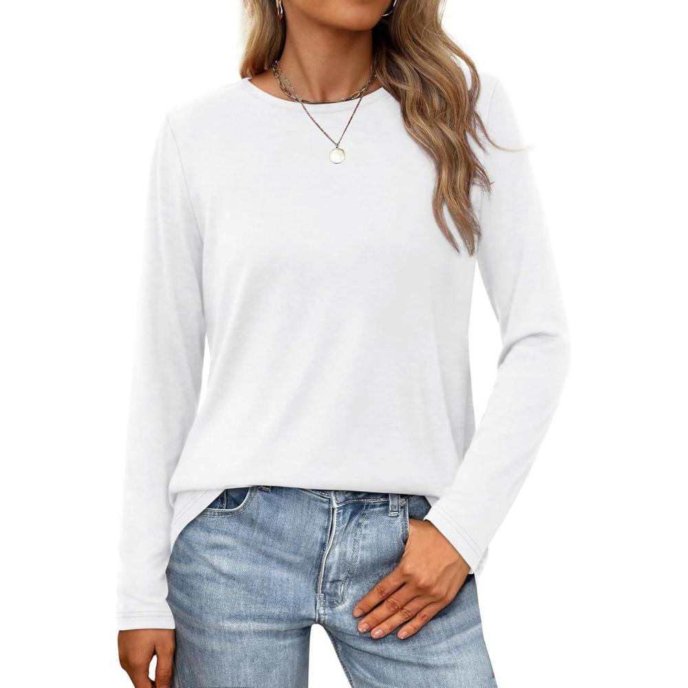 imageXIEERDUO Long Sleeve Shirts for Women Casual Crew Neck Basic Fall Tops Loose Fit ComfyWhite