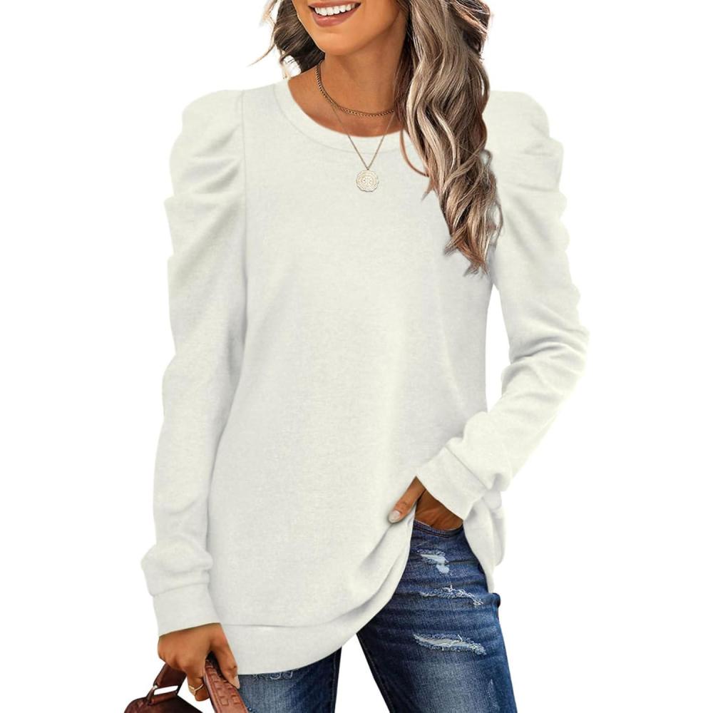 imageXIEERDUO Long Sleeve Shirts for Women Puff Sleeve Tops Pullover Sweaters Fall Fashion Womens Clothing Loose Fit01aapricot