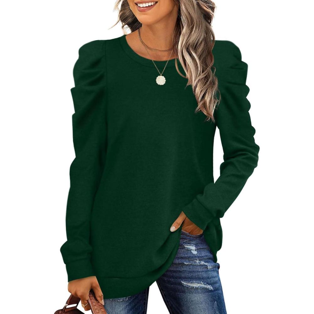 imageXIEERDUO Long Sleeve Shirts for Women Puff Sleeve Tops Pullover Sweaters Fall Fashion Womens Clothing Loose Fit01adark Green