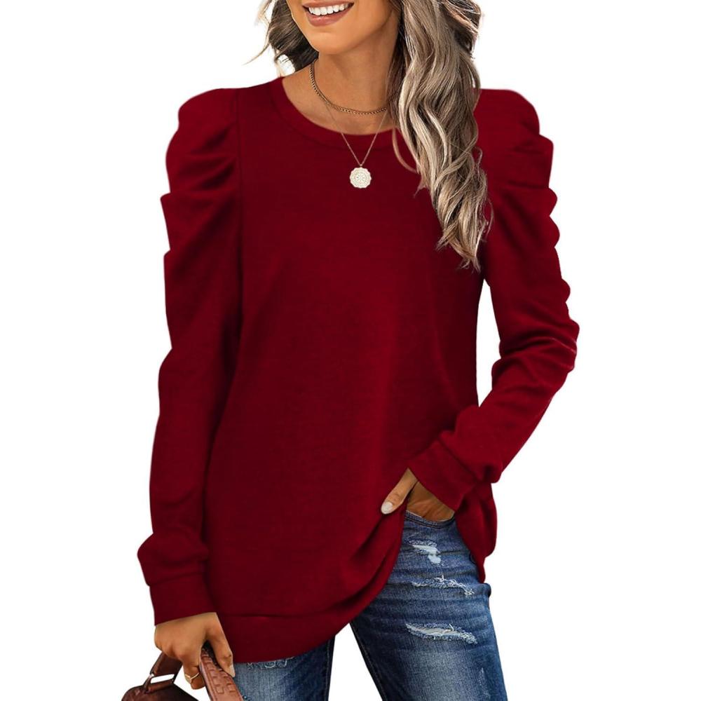 imageXIEERDUO Long Sleeve Shirts for Women Puff Sleeve Tops Pullover Sweaters Fall Fashion Womens Clothing Loose Fit01adark Red