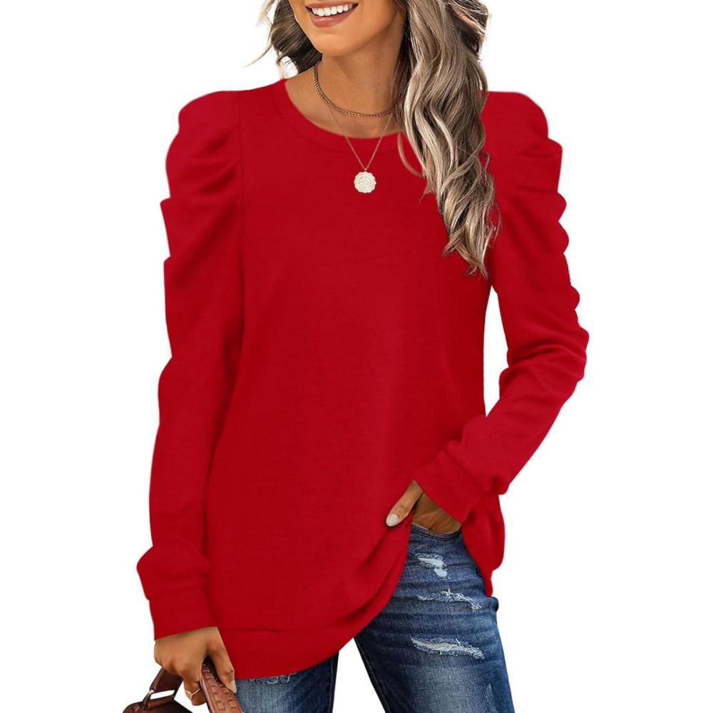 imageXIEERDUO Long Sleeve Shirts for Women Puff Sleeve Tops Pullover Sweaters Fall Fashion Womens Clothing Loose Fit01alight Red