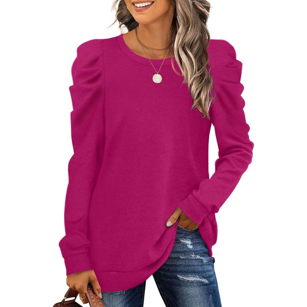 imageXIEERDUO Long Sleeve Shirts for Women Puff Sleeve Tops Pullover Sweaters Fall Fashion Womens Clothing Loose Fit04adeep Pink