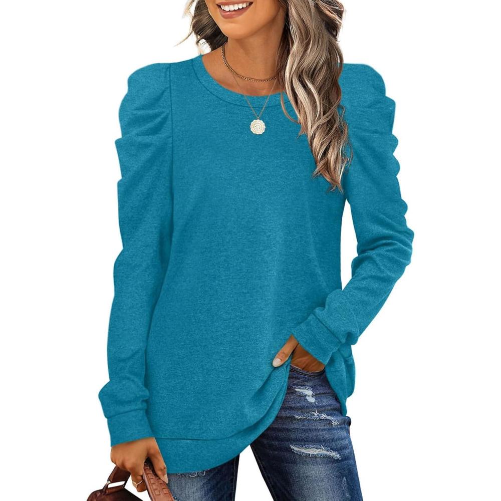 imageXIEERDUO Long Sleeve Shirts for Women Puff Sleeve Tops Pullover Sweaters Fall Fashion Womens Clothing Loose Fit04adeep Sky Blue