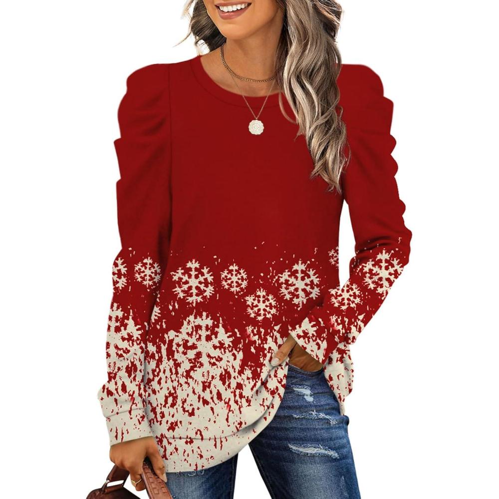 imageXIEERDUO Long Sleeve Shirts for Women Puff Sleeve Tops Pullover Sweaters Fall Fashion Womens Clothing Loose Fit04bsnowflake