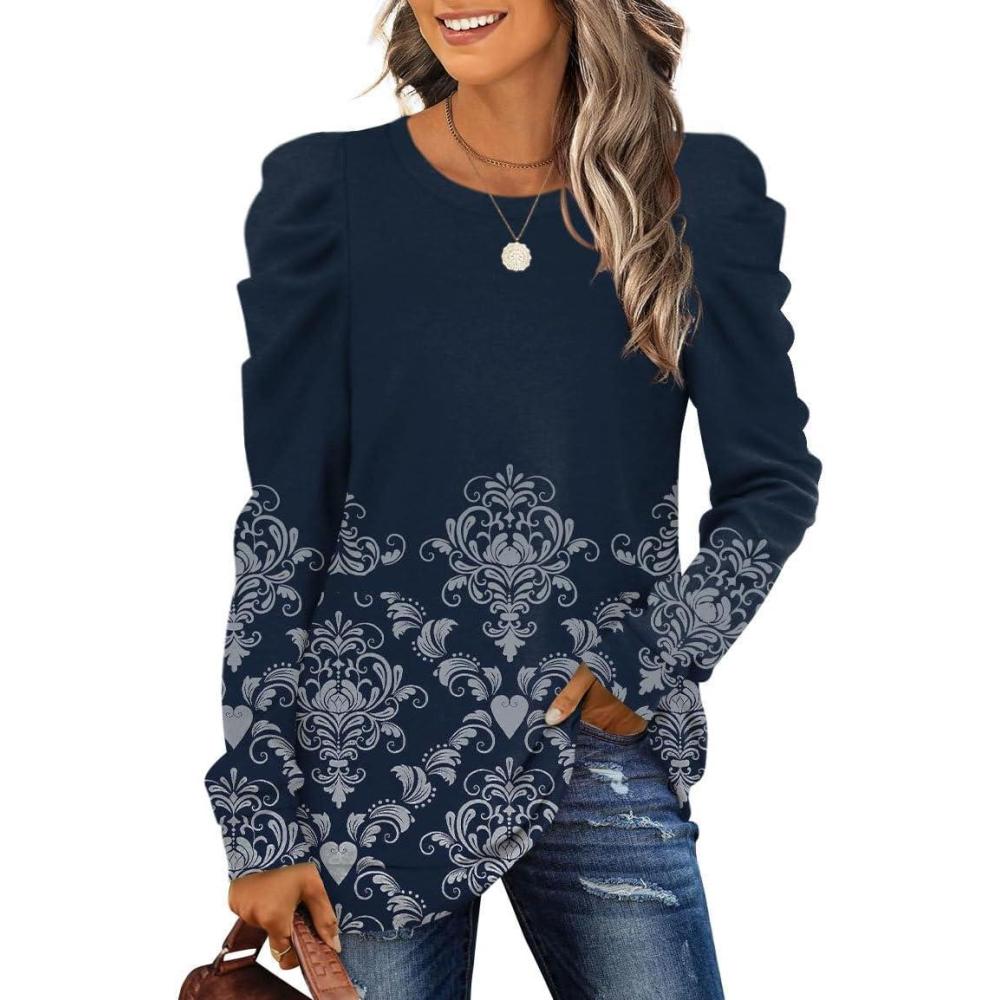 imageXIEERDUO Long Sleeve Shirts for Women Puff Sleeve Tops Pullover Sweaters Fall Fashion Womens Clothing Loose FitZ Floral Navy