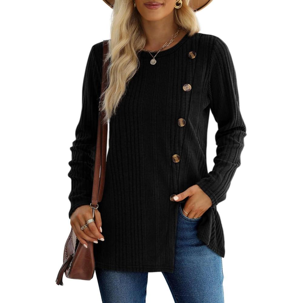 imageXIEERDUO Long Sleeve Tops for Women Tunics Buttons Front SlitD Black