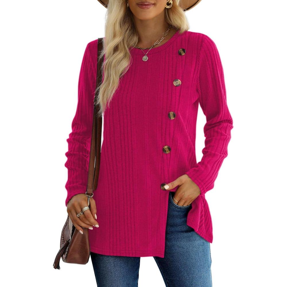 imageXIEERDUO Long Sleeve Tops for Women Tunics Buttons Front SlitE Hot Pink