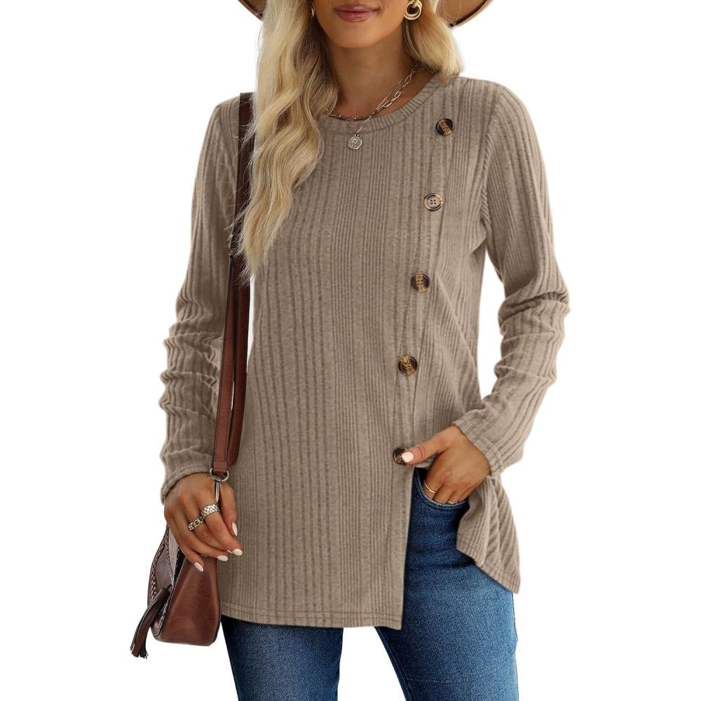 imageXIEERDUO Long Sleeve Tops for Women Tunics Buttons Front SlitE Khaki