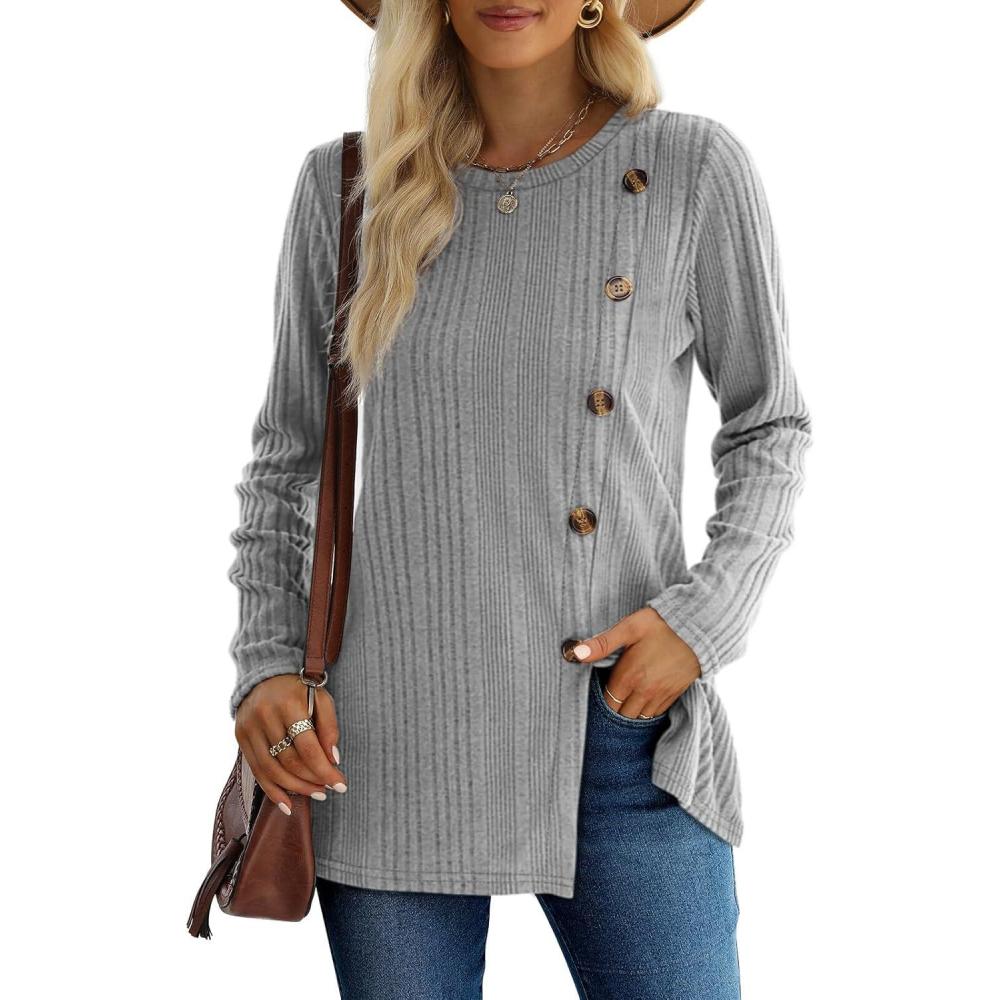 imageXIEERDUO Long Sleeve Tops for Women Tunics Buttons Front SlitE Light Grey
