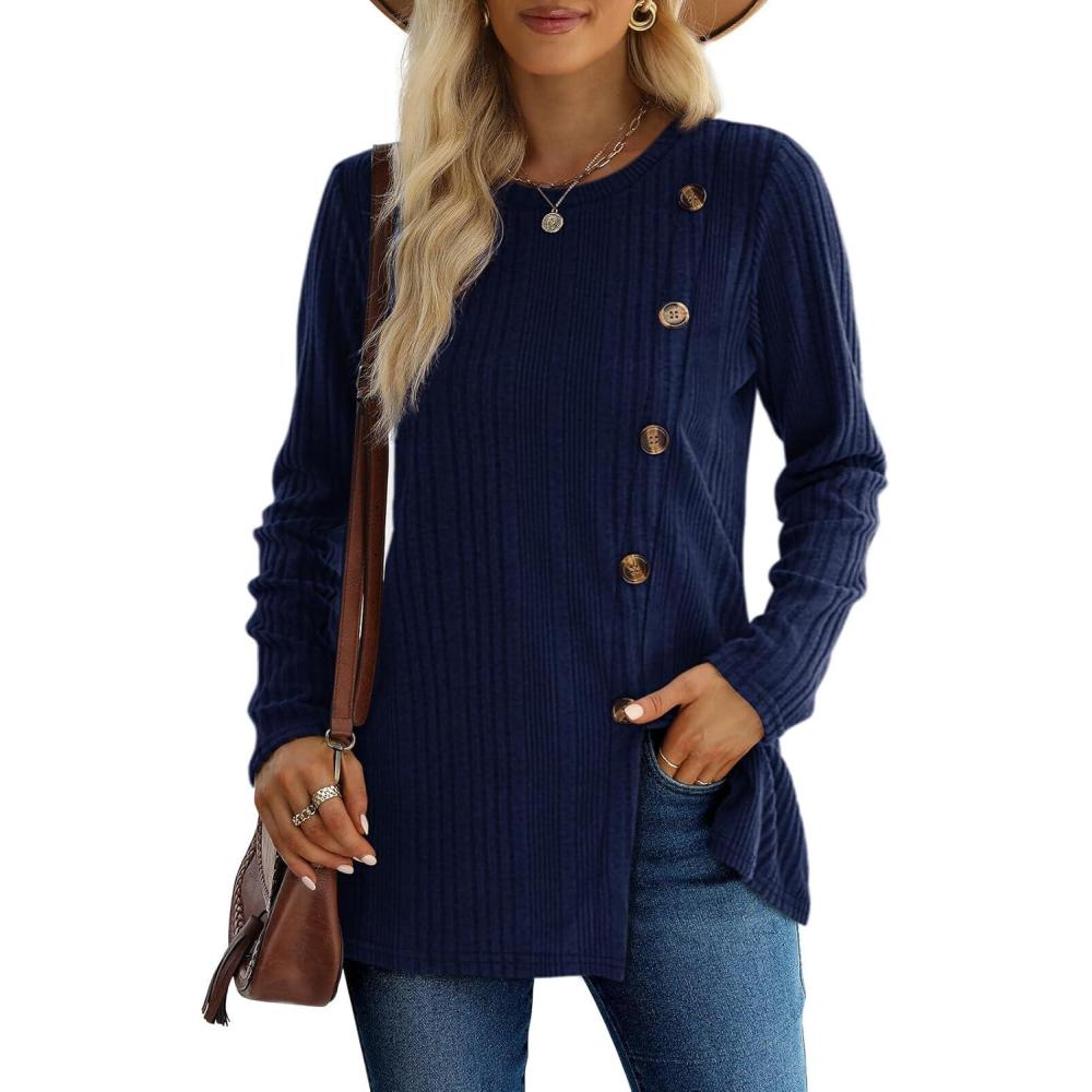 imageXIEERDUO Long Sleeve Tops for Women Tunics Buttons Front SlitE Navy Blue