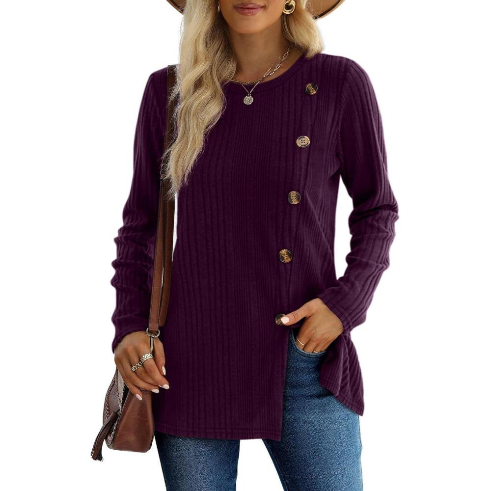 imageXIEERDUO Long Sleeve Tops for Women Tunics Buttons Front SlitE Purple