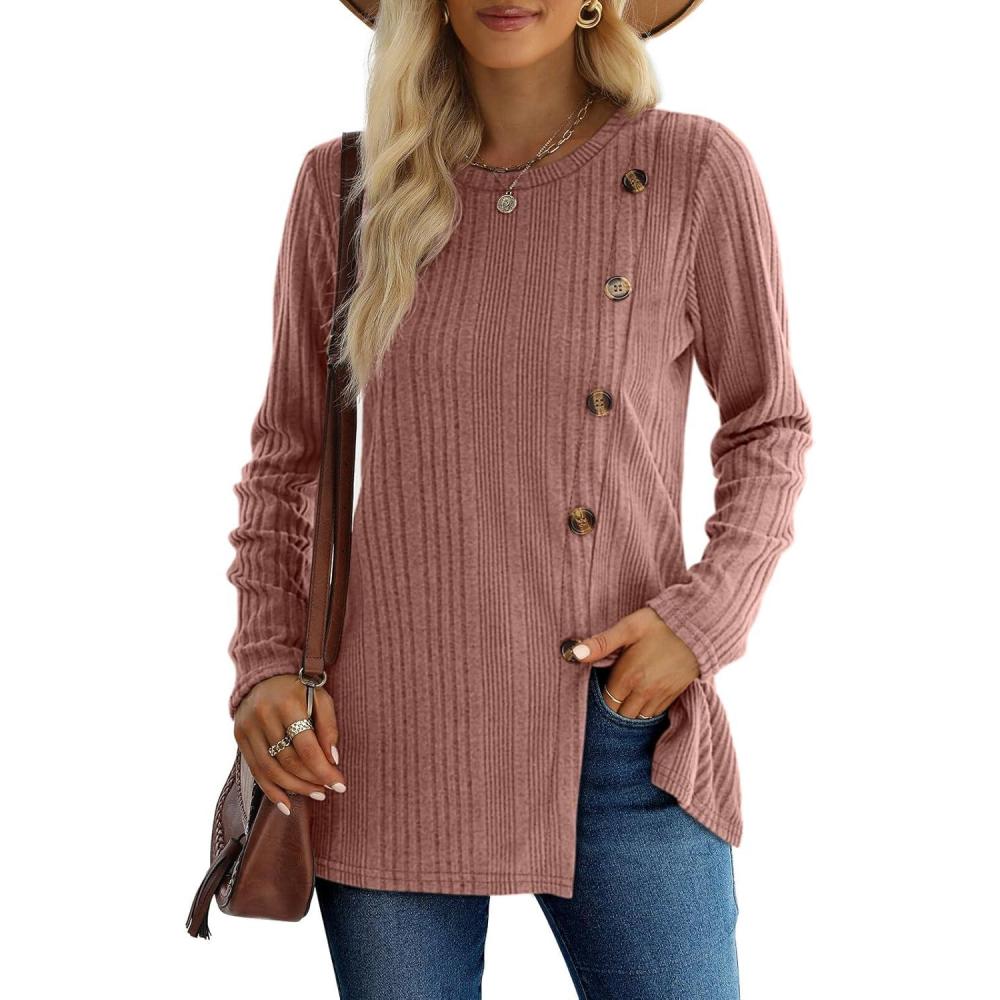 imageXIEERDUO Long Sleeve Tops for Women Tunics Buttons Front SlitE2 Pink