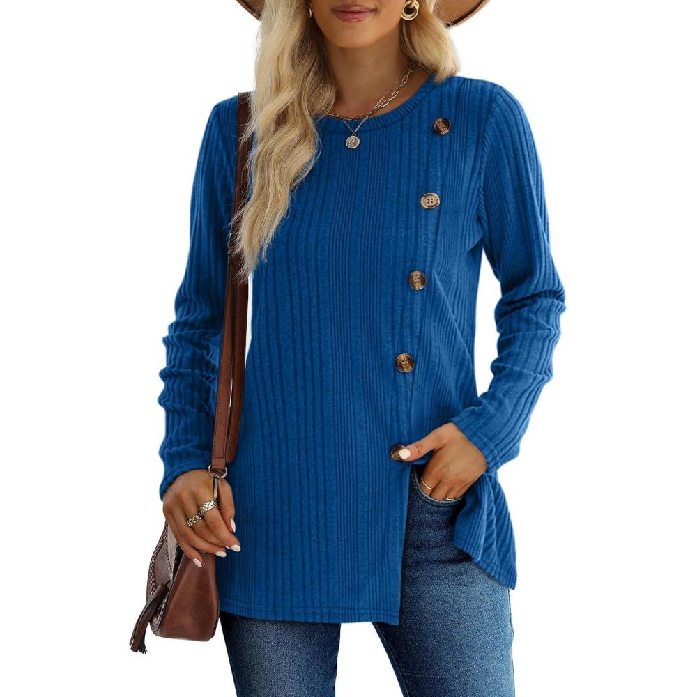 imageXIEERDUO Long Sleeve Tops for Women Tunics Buttons Front SlitE4 Royal Blue