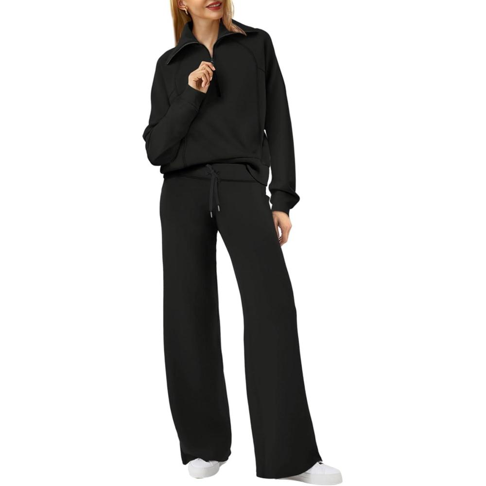 imageXIEERDUO Lounge Sets For Women 2025 Half Zip Sweatshirt And Wide Leg Sweatpant 2 Piece Outfits Sweatsuit Tracksuit01black