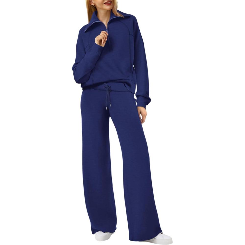 imageXIEERDUO Lounge Sets For Women 2025 Half Zip Sweatshirt And Wide Leg Sweatpant 2 Piece Outfits Sweatsuit Tracksuit03navy Blue