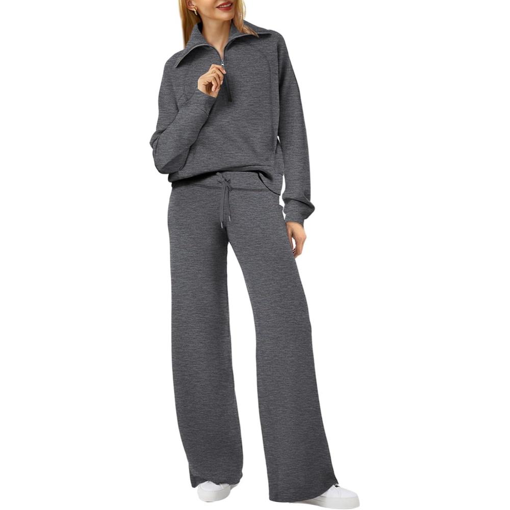imageXIEERDUO Lounge Sets For Women 2025 Half Zip Sweatshirt And Wide Leg Sweatpant 2 Piece Outfits Sweatsuit Tracksuit04dimgray