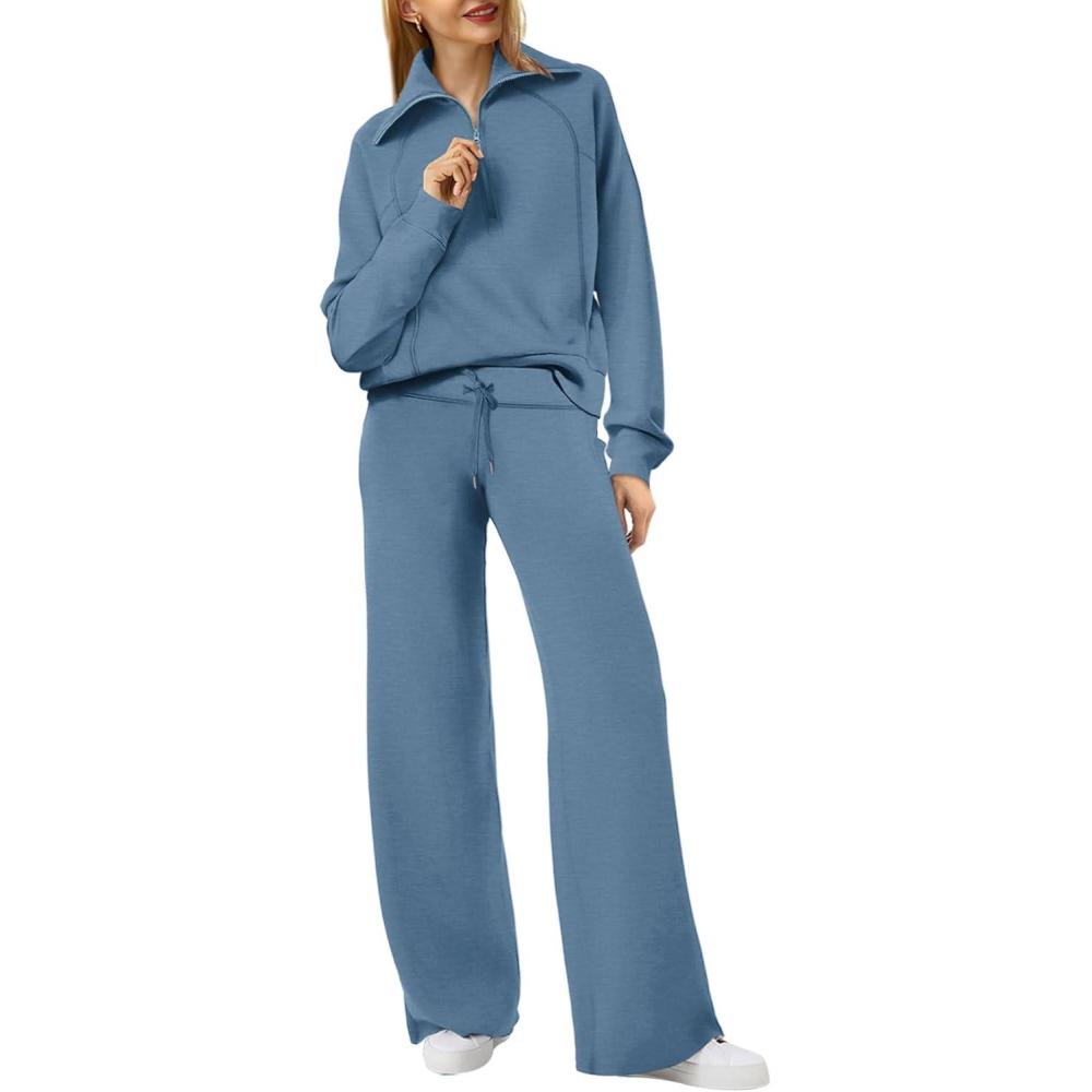 imageXIEERDUO Lounge Sets For Women 2025 Half Zip Sweatshirt And Wide Leg Sweatpant 2 Piece Outfits Sweatsuit Tracksuit05haze Blue