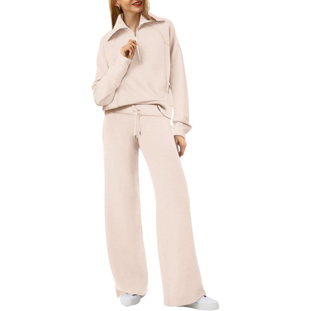 imageXIEERDUO Lounge Sets For Women 2025 Half Zip Sweatshirt And Wide Leg Sweatpant 2 Piece Outfits Sweatsuit Tracksuit06apricot