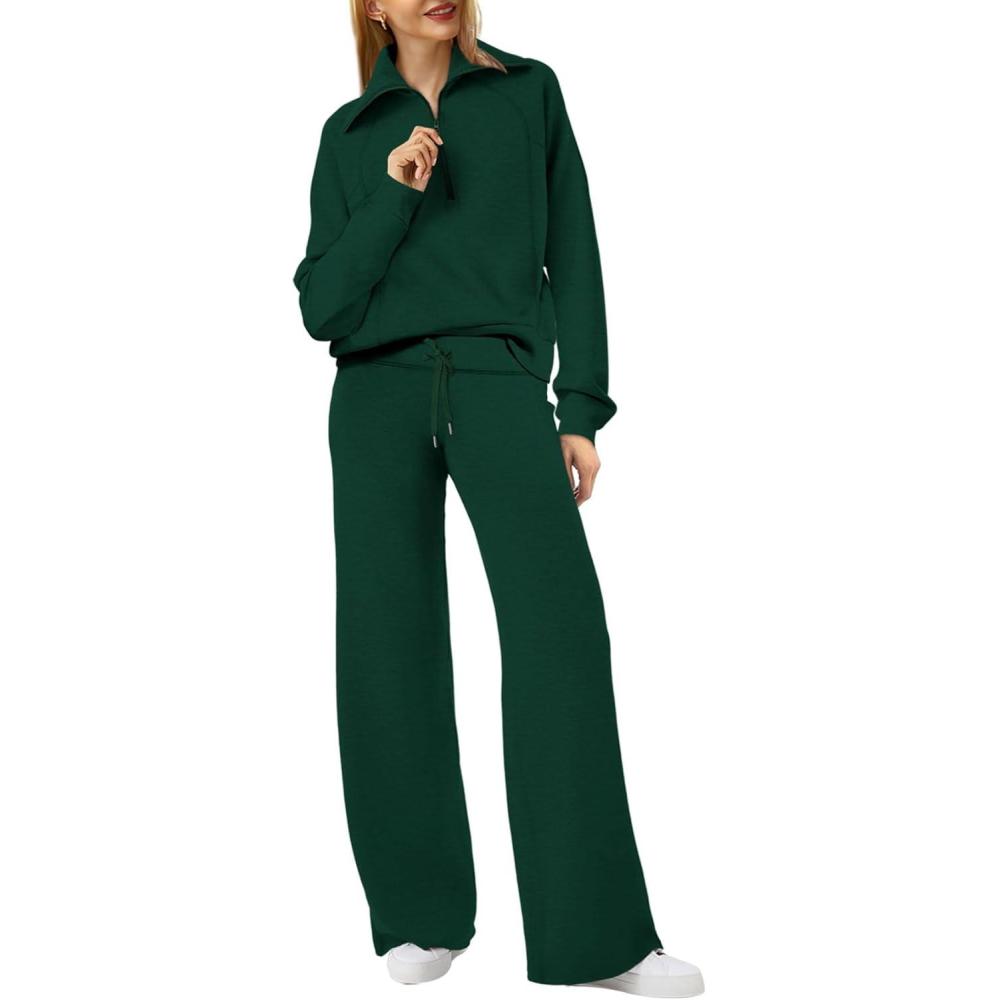 imageXIEERDUO Lounge Sets For Women 2025 Half Zip Sweatshirt And Wide Leg Sweatpant 2 Piece Outfits Sweatsuit Tracksuit10deep Green
