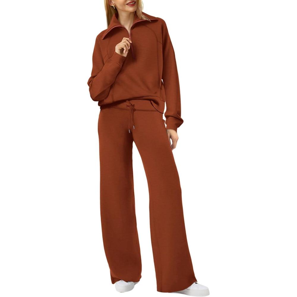 imageXIEERDUO Lounge Sets For Women 2025 Half Zip Sweatshirt And Wide Leg Sweatpant 2 Piece Outfits Sweatsuit Tracksuit12caramel