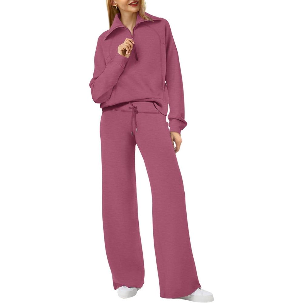 imageXIEERDUO Lounge Sets For Women 2025 Half Zip Sweatshirt And Wide Leg Sweatpant 2 Piece Outfits Sweatsuit Tracksuit13carmine