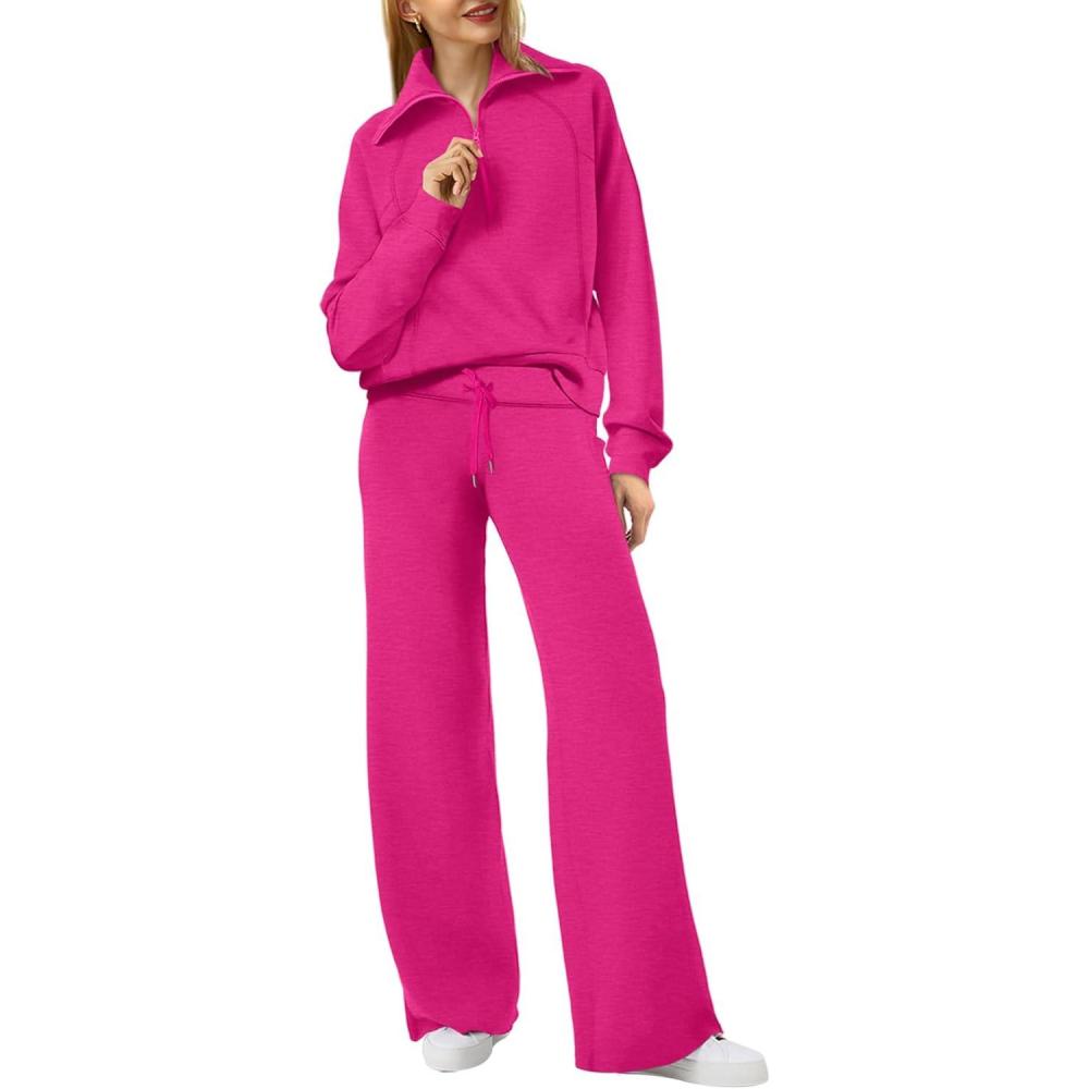 imageXIEERDUO Lounge Sets For Women 2025 Half Zip Sweatshirt And Wide Leg Sweatpant 2 Piece Outfits Sweatsuit Tracksuit17pink