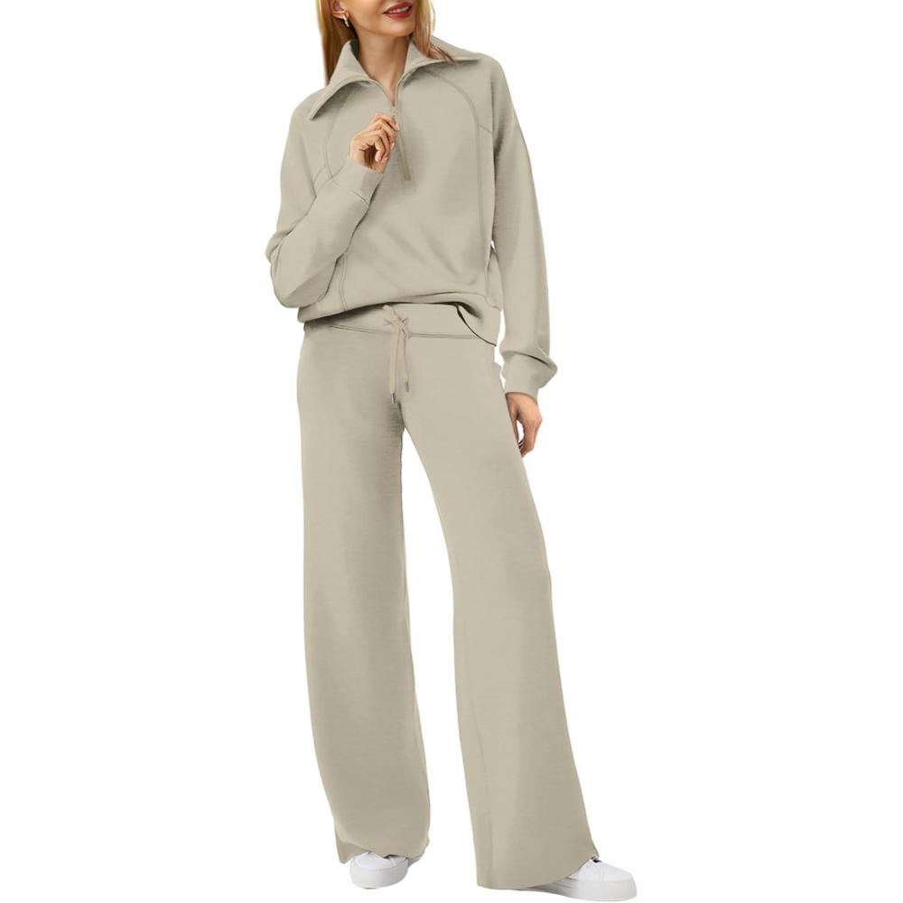 imageXIEERDUO Lounge Sets For Women 2025 Half Zip Sweatshirt And Wide Leg Sweatpant 2 Piece Outfits Sweatsuit Tracksuit19light Khaki