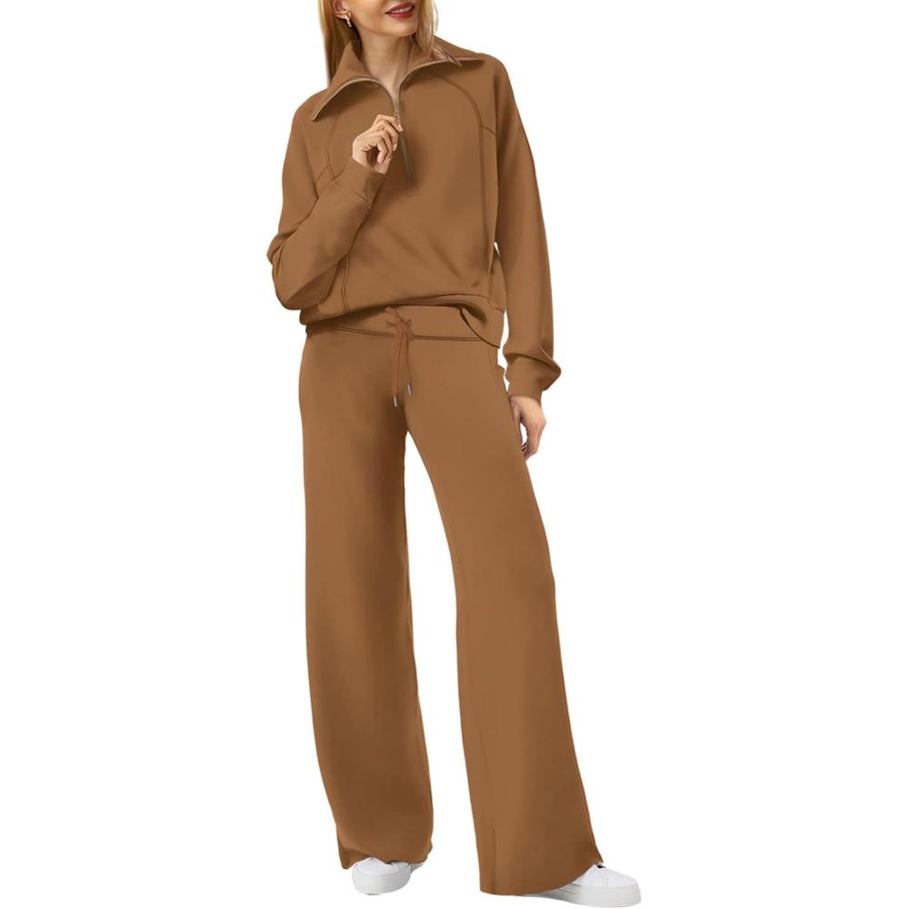 imageXIEERDUO Lounge Sets For Women 2025 Half Zip Sweatshirt And Wide Leg Sweatpant 2 Piece Outfits Sweatsuit Tracksuit20coffee