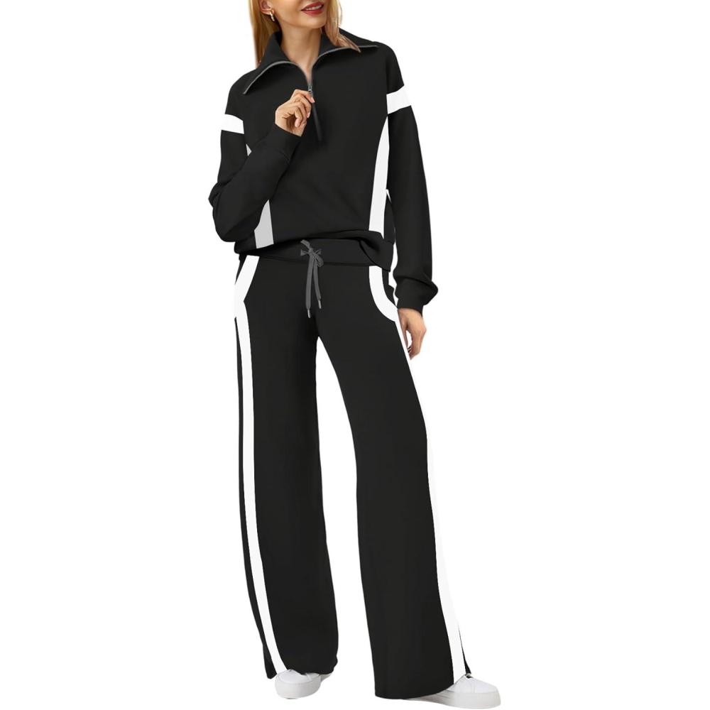imageXIEERDUO Lounge Sets For Women 2025 Half Zip Sweatshirt And Wide Leg Sweatpant 2 Piece Outfits Sweatsuit TracksuitColor Block Black