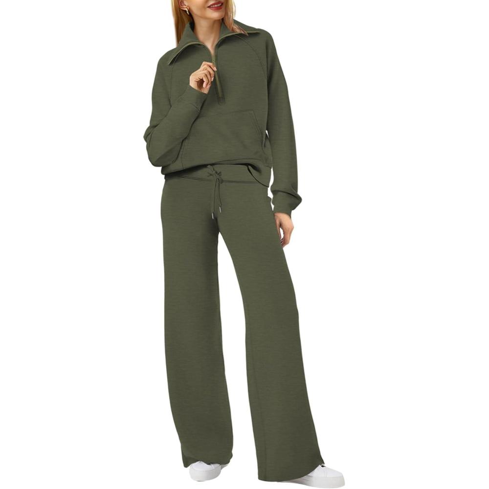 imageXIEERDUO Lounge Sets For Women 2025 Half Zip Sweatshirt And Wide Leg Sweatpant 2 Piece Outfits Sweatsuit TracksuitKangaroodark Green