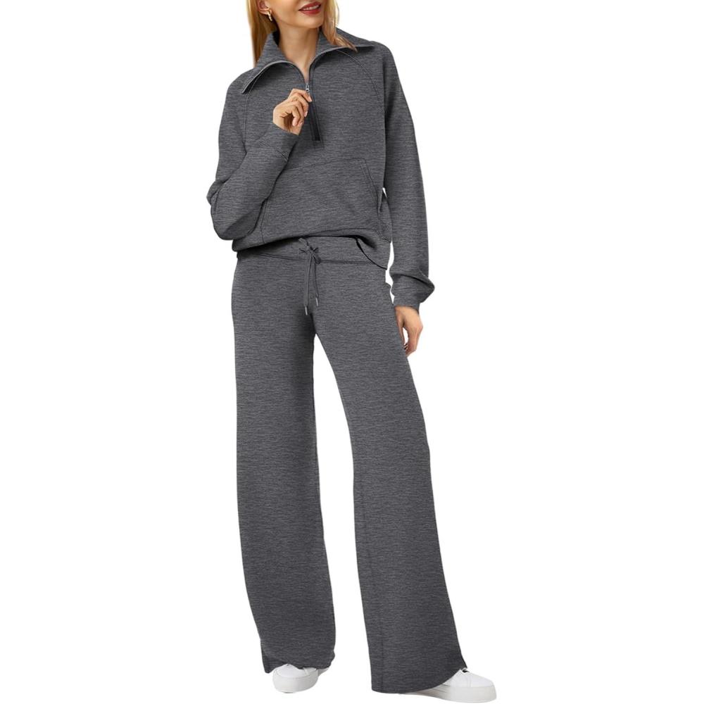 imageXIEERDUO Lounge Sets For Women 2025 Half Zip Sweatshirt And Wide Leg Sweatpant 2 Piece Outfits Sweatsuit TracksuitKangaroodimgray